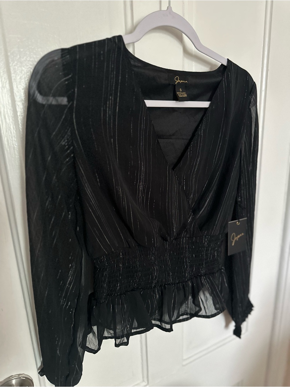 Japna Black Metallic Stripe V-Neck Smocked Waist Blouse NWT